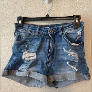 Medium wash, jean shorts, distressed